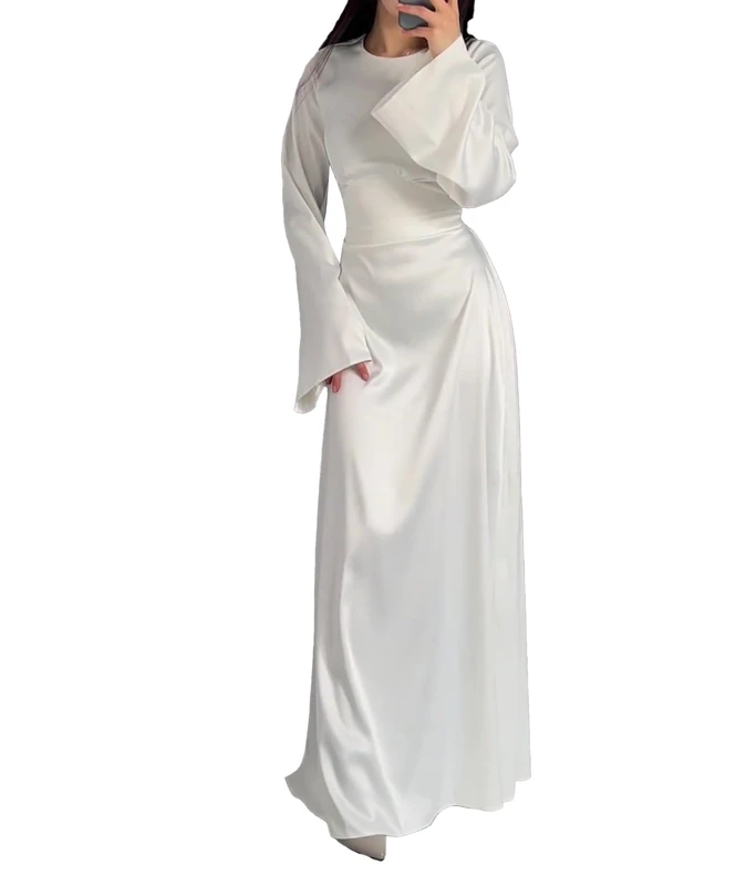 xxxiticat Women's Slip Satin Long Dress Long Sleeve Round Neck Back Lace Up Bandage Tie Wedding Party Maxi Dresses, White, M