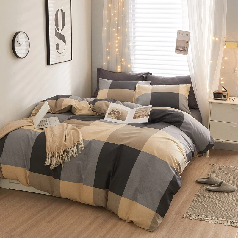 EAVD King Size Comforter Set Plaid Geometric Comforter Set Fluffy Soft Microfiber Reversible Checkered Plaid Bedding Set with 2 Pillowcases Modern Geometric Bedding Set for All-Season