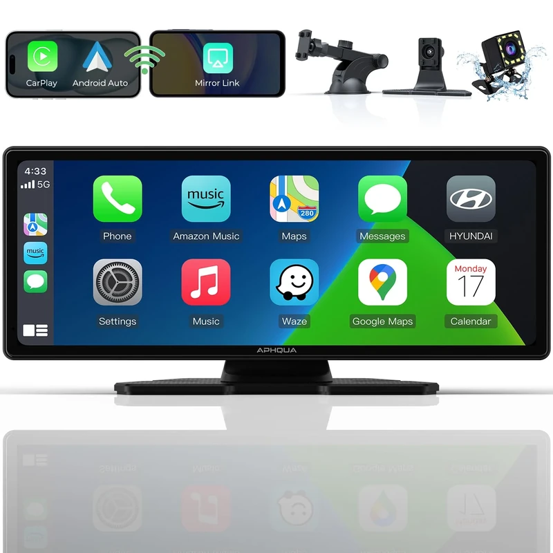APHQUA Wireless CarPlay & Android Auto Car Stereo with 1080p Backup Camera, Portable 10.26'' IPS Carplay Screen with Touch Screen, Bluetooth Connectivity, Siri, GPS Navigation, Mirror Link, AUX/FM