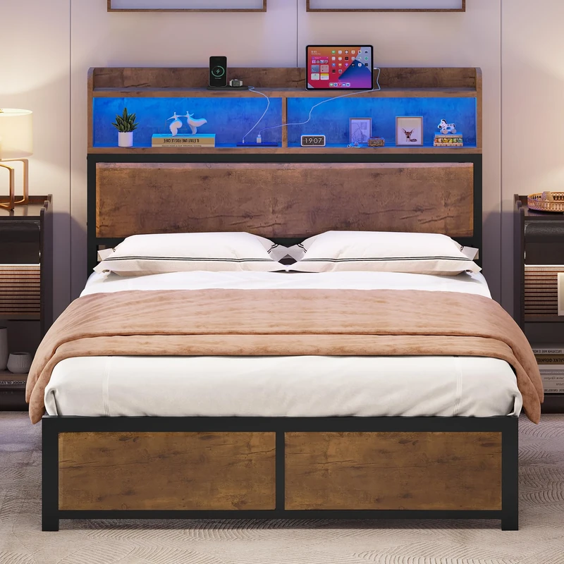 YITAHOME Bed Frame,LED with Headboard,USB Ports & Charging Outlets,Metal Platform Bed Frame with 2 Tiers Storage Shelves, No Box Spring Needed King Size Brown Type