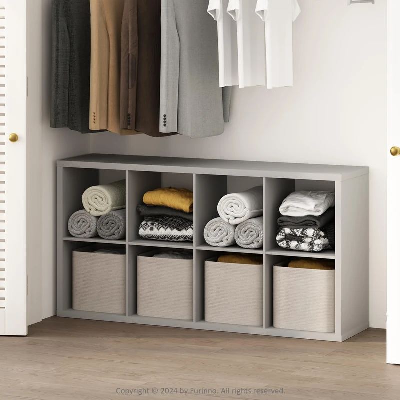 Furinno CUBIC Closet Organizers and Storage, 8-Cube Closet Organizer, Open Shelf Closet Storage, Extra Thick Frame for Wardrobe, Bedroom, Living Room, Light Grey