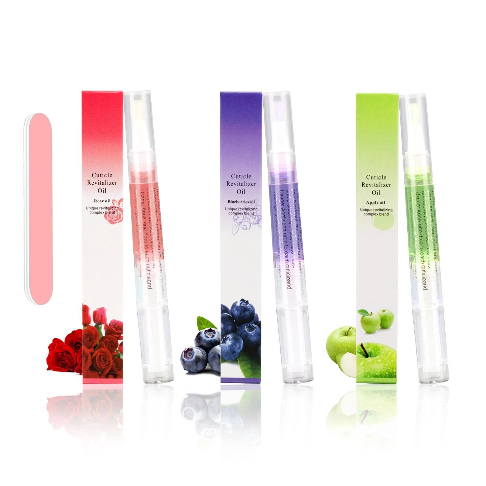 Cuticle Oil Pen,3PCS Nutrition Oil Pen with Nail File,Cuticle Oil for Nails with Natural Ingredients,Nail Oil Cuticle for Repairing Cracked and Dry Nail(Blueberry & Rose & Apple Flavor)