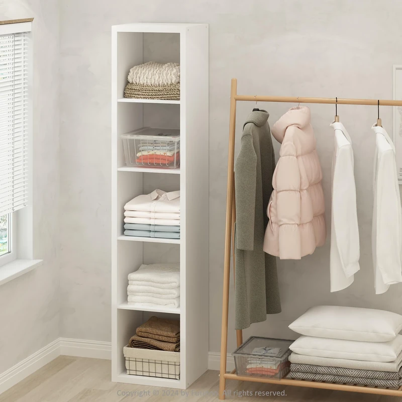 Furinno CUBIC Wardrobe Storage Organiser, 5-Cube Open Shelves Clothes Storage, 30mm Extra Thick Frame Closet Organiser, for Bedroom, Closet, White
