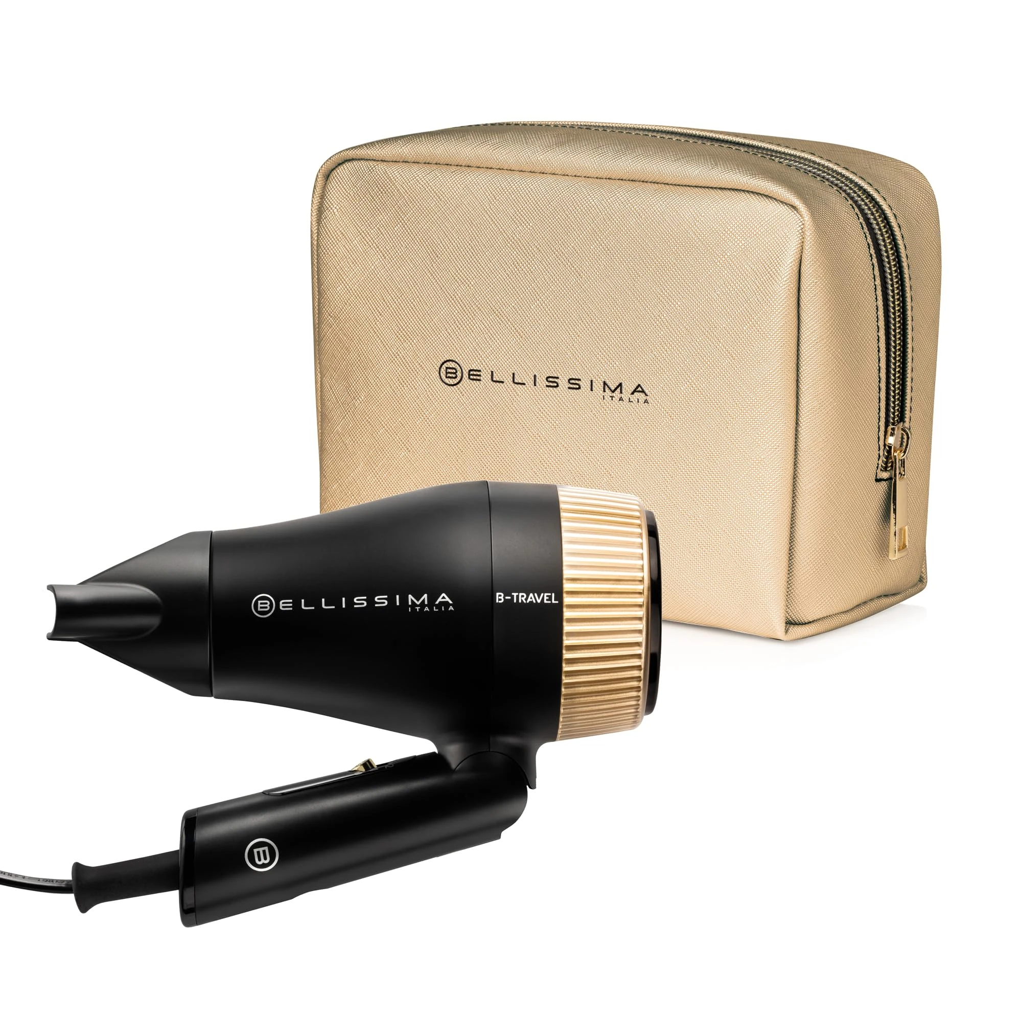 Bellissima B Travel Hair Dryer – Premium Mini, Fast, Light Dryer for Women and Men, Foldable, Compact, 2 Heat Settings, Luxury Travel Bag Included, Worldwide Use, 1400W Dual Voltage
