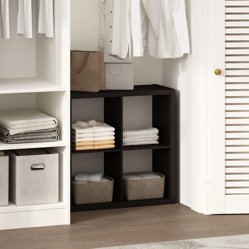 Furinno CUBIC Wardrobe Storage Organiser, 4-Cube Open Shelves Clothes Storage, 30mm Extra Thick Frame Closet Organiser, for Bedroom, Closet, Dark Oak