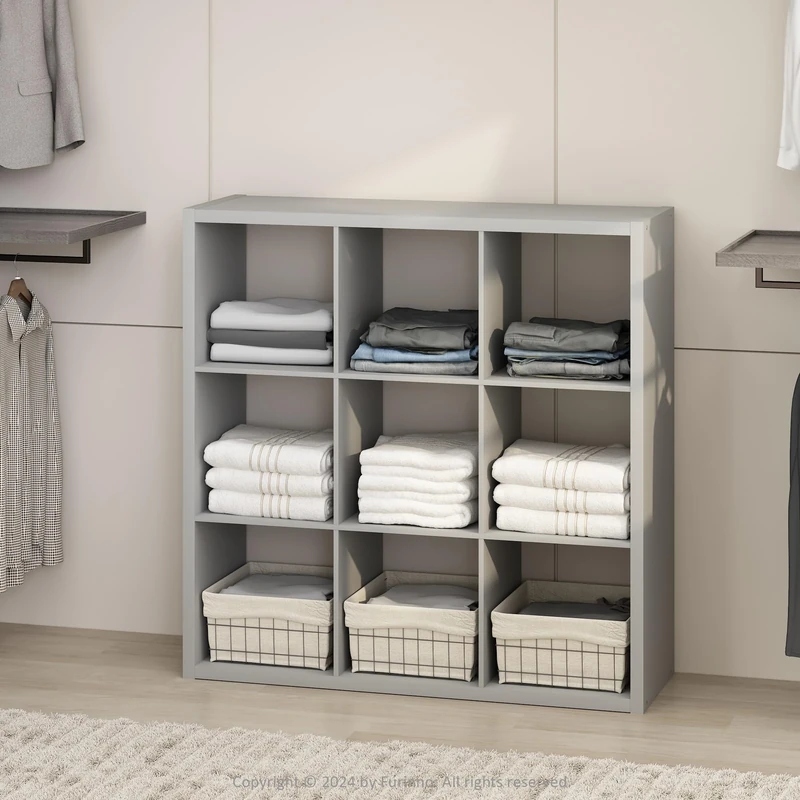 Furinno CUBIC Wardrobe Storage Organiser, 9-Cube Open Shelves Clothes Storage, 30mm Extra Thick Frame Closet Organiser, for Bedroom, Closet, Light Grey