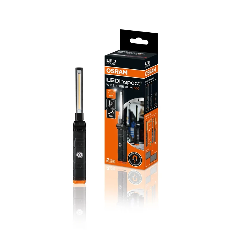 OSRAM LEDinspect WIRE-FREE SLIM 600, slim LED inspection lamp, wire free recharge, brightness up to 600 lm, torch function, 180° flexibility, 270° twist, cool white