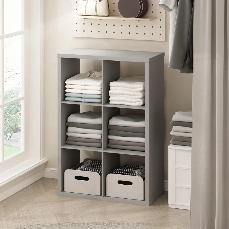 Furinno CUBIC Wardrobe Storage Organiser, 6-Cube Open Shelves Clothes Storage, 30mm Extra Thick Frame Closet Organiser, for Bedroom, Closet, Light Grey