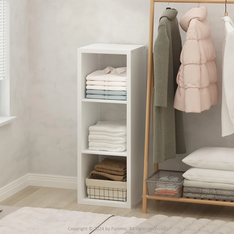 Furinno CUBIC Wardrobe Storage Organiser, 3-Cube Open Shelves Clothes Storage, 30mm Extra Thick Frame Closet Organiser, for Bedroom, Closet, White