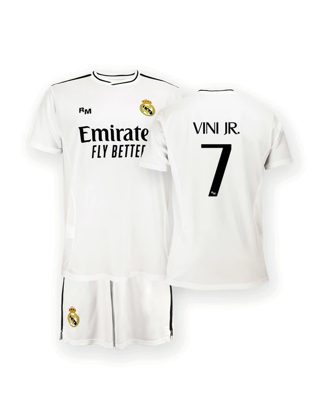 Real Madrid Home Kit Jersey and Shorts, Season 24/25, Vini Jr., 14 Years, Replica Shirt with Official License