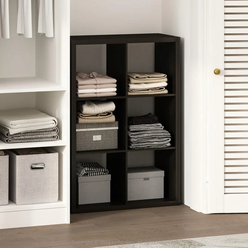 Furinno CUBIC Wardrobe Storage Organiser, 6-Cube Open Shelves Clothes Storage, 30mm Extra Thick Frame Closet Organiser, for Bedroom, Closet, Dark Oak