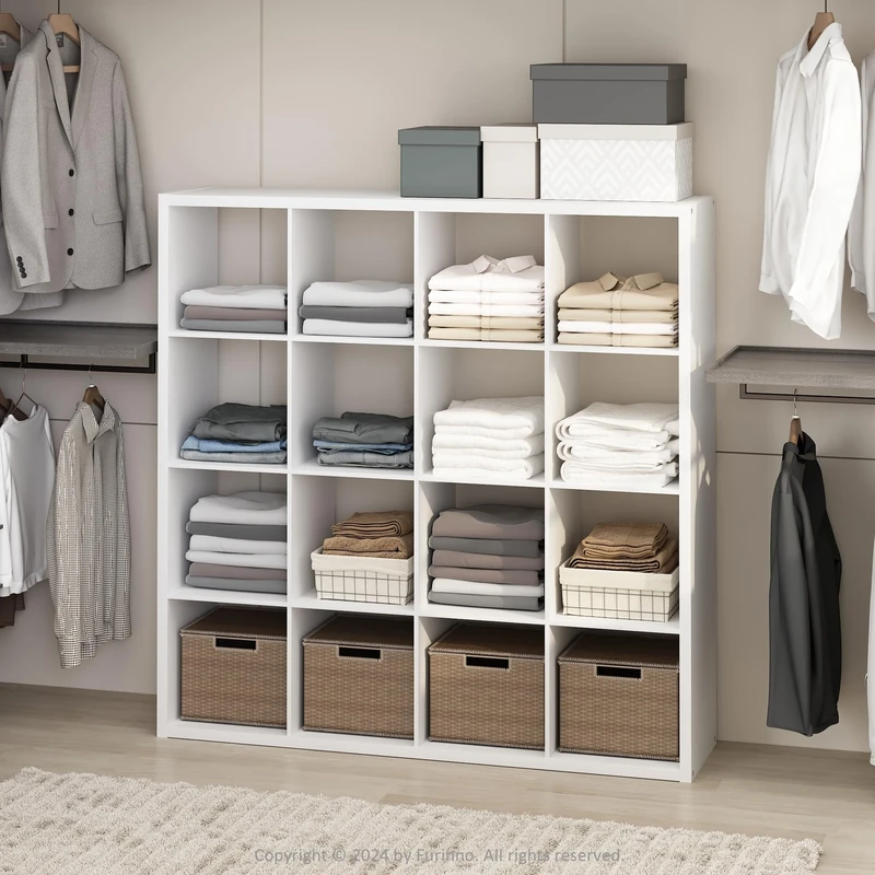 Furinno CUBIC Wardrobe Storage Organiser, 16-Cube Open Shelves Clothes Storage, 30mm Extra Thick Frame Closet Organiser, for Bedroom, Closet, White