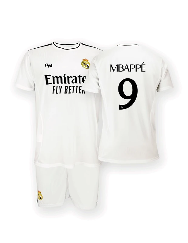 Real Madrid Home Kit Jersey and Shorts, Season 24/25, Mbappé, 10 Years, Replica Shirt with Official License - Image 1