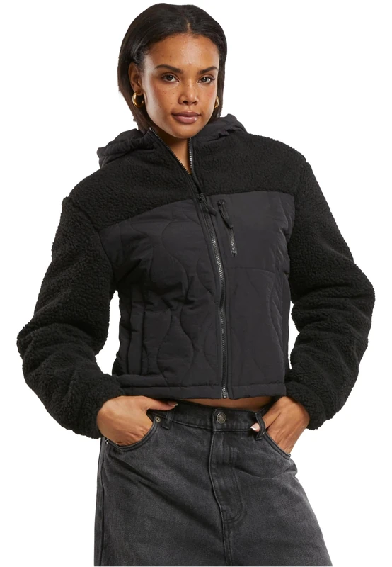 Urban Classics Women's Tb7071-ladies Sherpa Crinkle Nylon Mix Jacket Lightweight, Black/Black, XS