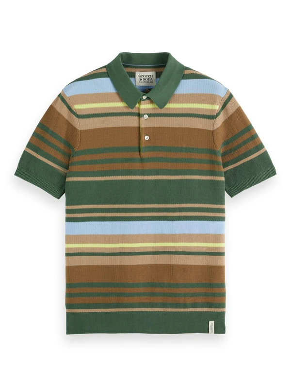 Scotch & Soda Men's Structured Knitted Polo Shirt, Sage Green Multi Stripe, S