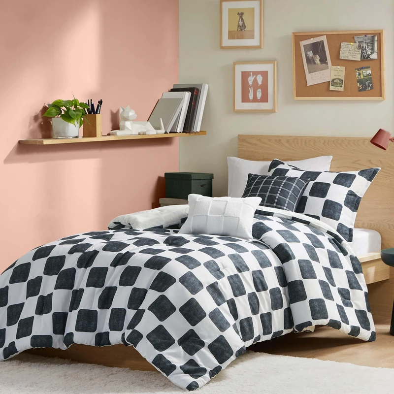 Intelligent Design Twin Comforter Set Chic Black & White Checkered Print Comforter Twin Size, Modern Lightweight All Season Bed Set Twin, Sham, Décor Pillows, Miley, Twin/Twin XL, Black/White 4 Piece - Image 1