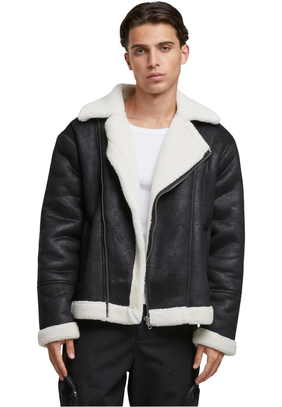 Urban Classics Men's Tb7048-shearling Biker Jacket Winter, Black/White Sand, L - Image 1