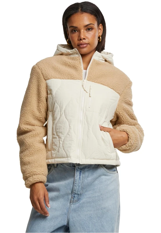 Urban Classics Women's Tb7071-ladies Sherpa Crinkle Nylon Mix Jacket Lightweight, Union Beige/Whitesand, XXXXL