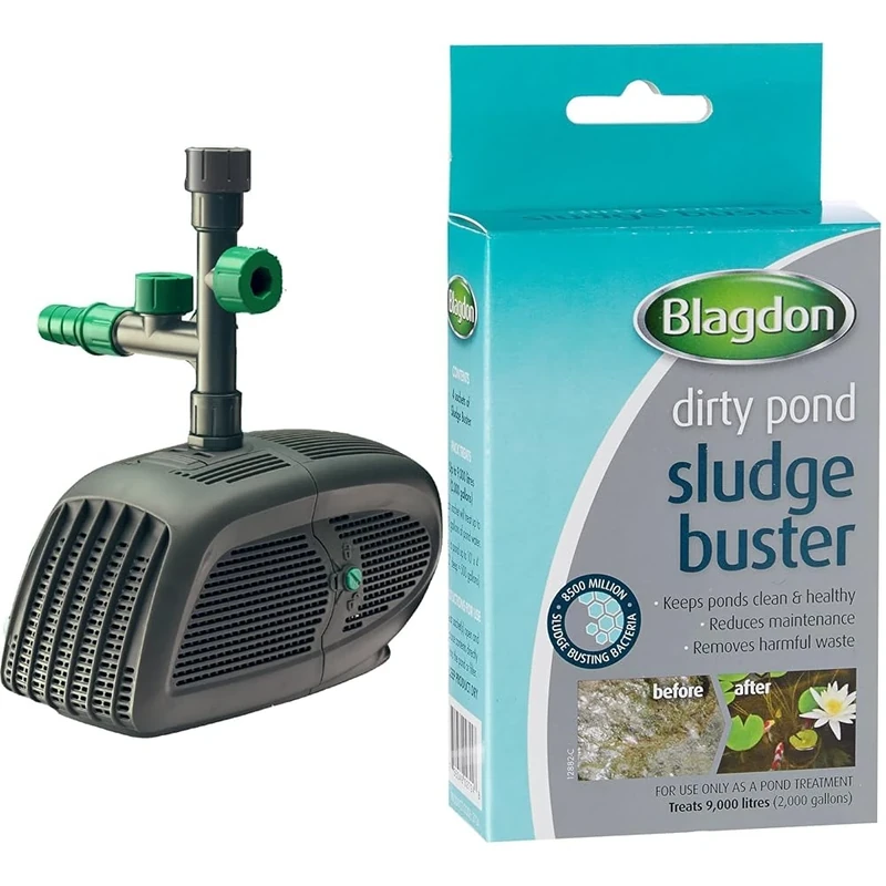 Bundle of Blagdon Midipond Pump 3500 Model + Blagdon Pond Sludge Buster, 4 x 9g Sachets