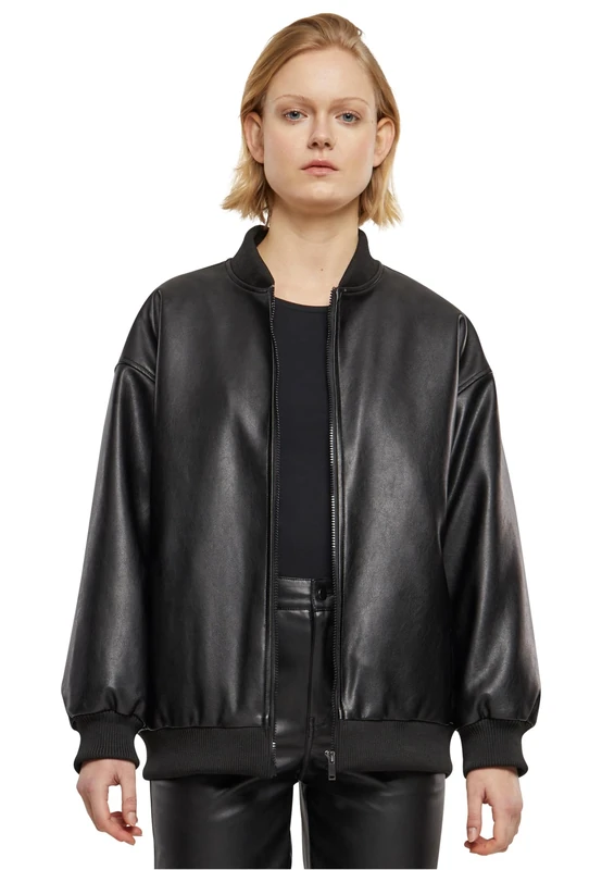 Urban Classics Women's Tb6725-ladies Synthetic Leather Bomber Jacket Lightweight, Black, L - Image 1