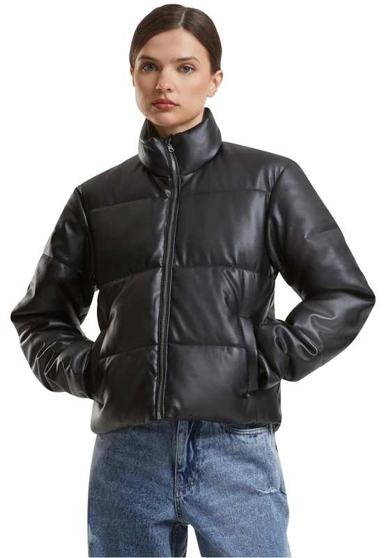 Urban Classics Women's Tb7073-ladies Synthetic Leather Puffer Jacket Lightweight, Black, S