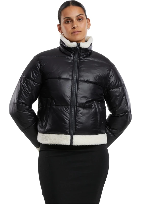 Urban Classics Women's Tb7074-ladies Recycled Shiny Puffer Sherpa Jacket Lightweight, Black/White Sand, XXXL