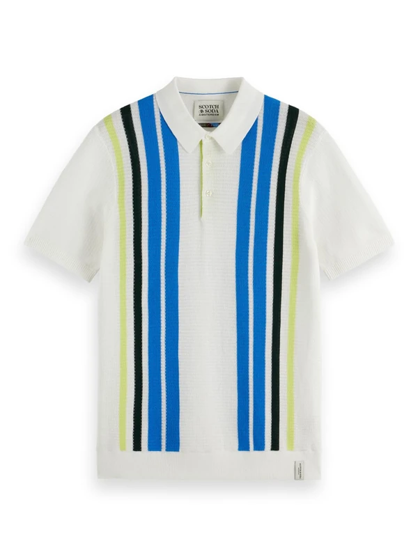 Scotch & Soda Structured Knitted Striped Polo Shirt, Swan 101, XL