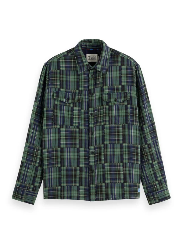 Scotch & Soda Men's Relaxed Fit Patchwork Shirt, Navy Check, XL