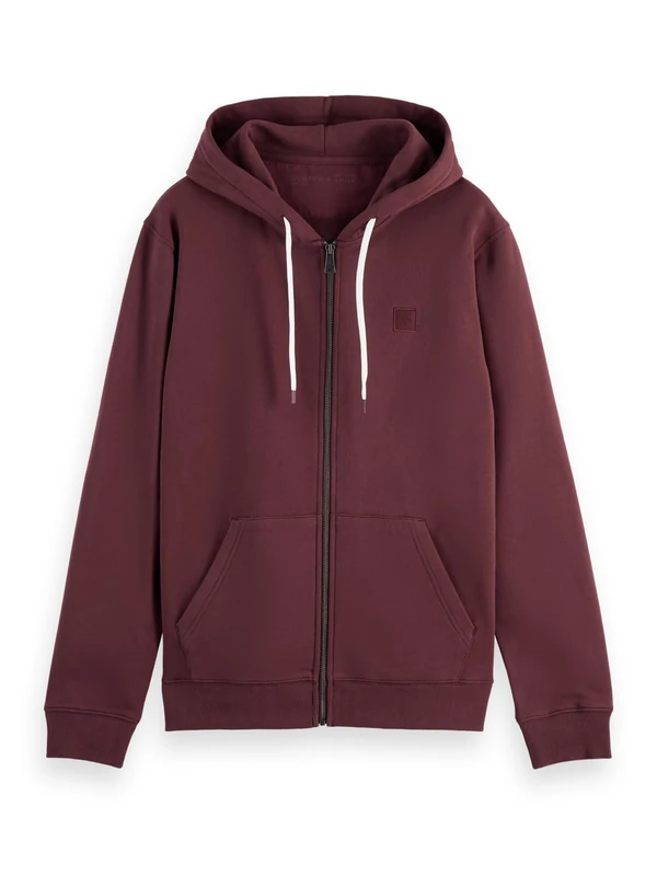 Scotch & Soda Men's Logo Badge Full Zip Through Hoodie Hooded Sweatshirt, Bordeaux, S