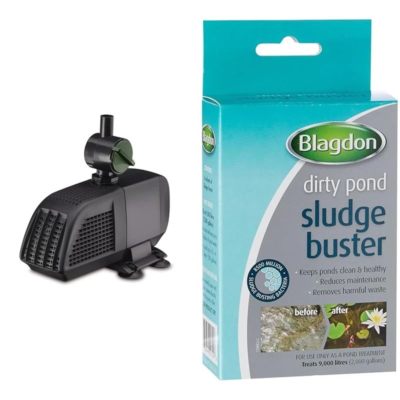 Bundle of Blagdon Minipond Pond Pump 1600 Model + Blagdon Pond Sludge Buster, 4 x 9g Sachets