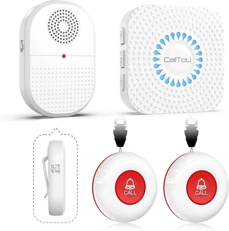 CallToU Caregiver Pager Call Bell For Elderly Wireless Waterproof Vibration Panic Button Home Alert System For Disabled Patient 2 SOS Call Buttons/Transmitters 500FT 2 Receivers