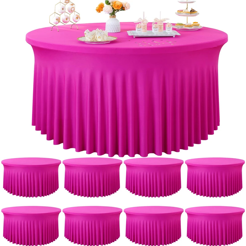8 Pack Hot Pink Spandex Round Tablecloths for 60 inch Tables, Stretchy 120inch Fitted 5FT Round Table Cloths with Skirt for Wedding Party Dining Banquet