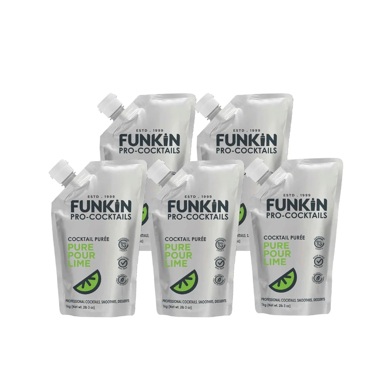 FUNKIN Pure Pour Lime Puree Cocktail Mixer | Made with Real Fruit | Fresh Fruit Puree for Professional Cocktails, Smoothies, & Desserts | 0% ABV | Resealable Pouch | 1kg, Pack of 5