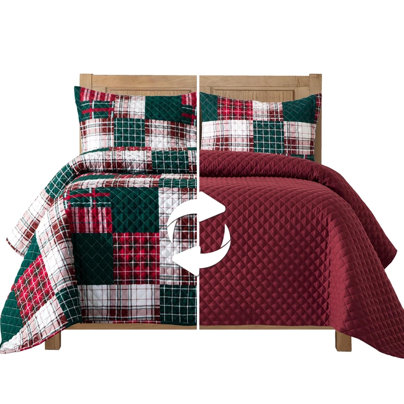 Elegant Comfort 3-Piece Quilted Reversible Plaid Patchwork Bedspread Coverlet Set with Pillow Shams, Premium Stitching All Season Heavy Weight-Ultra Soft Luxury Quilt - Queen, Burgundy