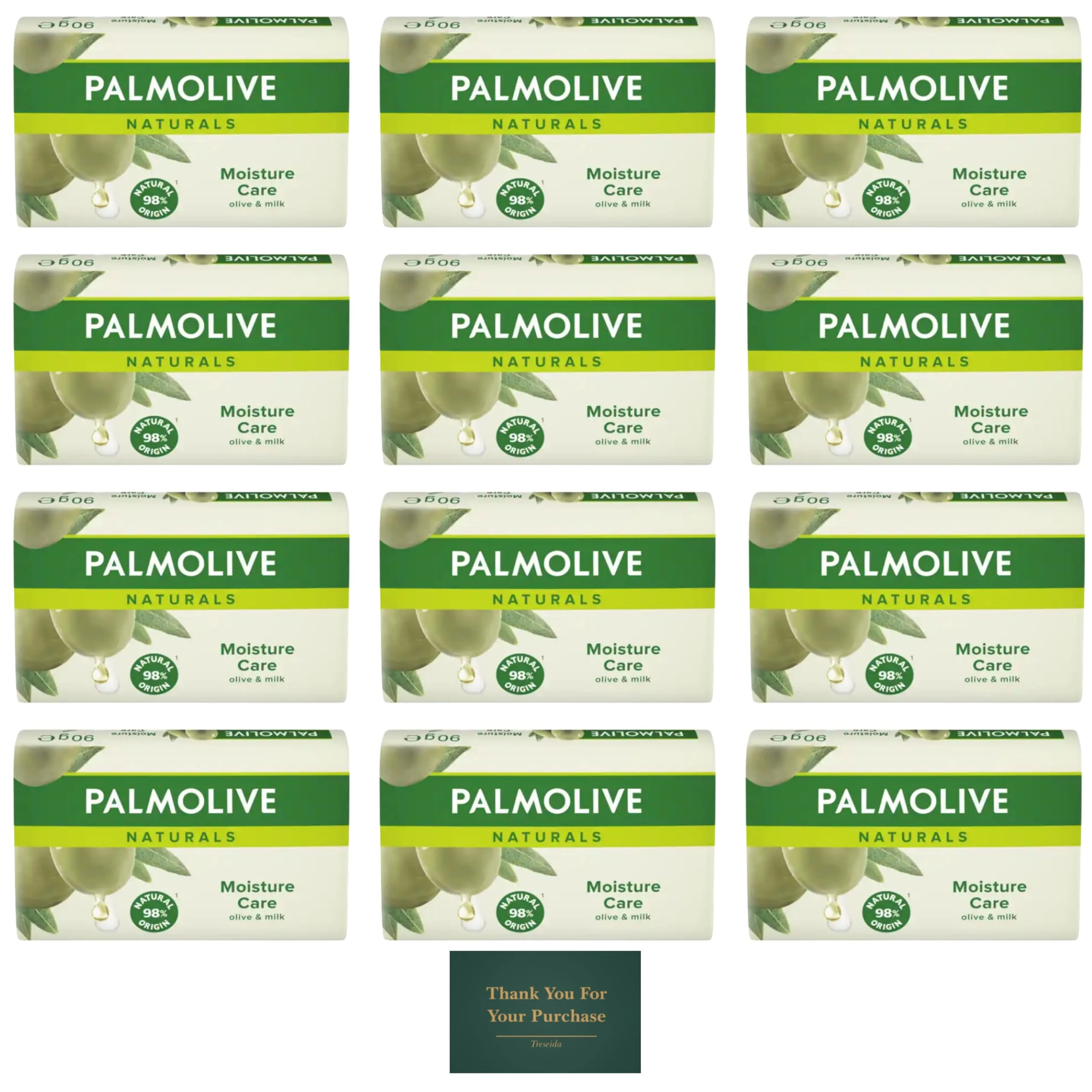 Palmolive Naturals Soap Bar Moisture With Olive Milk, Soap Bars (Pack Of 12), Vegan Soap Natural Origin Biodegradable Soap For Body Hands And Face, With Treseida Thank You Card