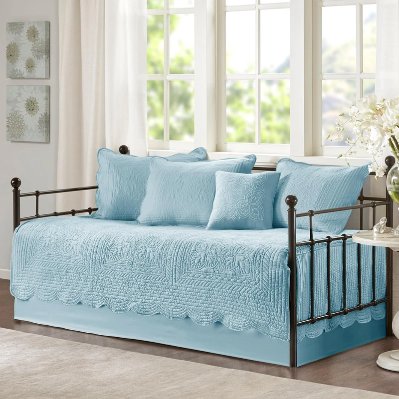 Madison Park Tuscany Daybed Cover Set-Trendy Damask Quilting with Scalloped Edges All Season Luxury Bedding with Bedskirt, Matching Shams, Decorative Pillow, 39"x75", Blue 6 Piece - Image 1