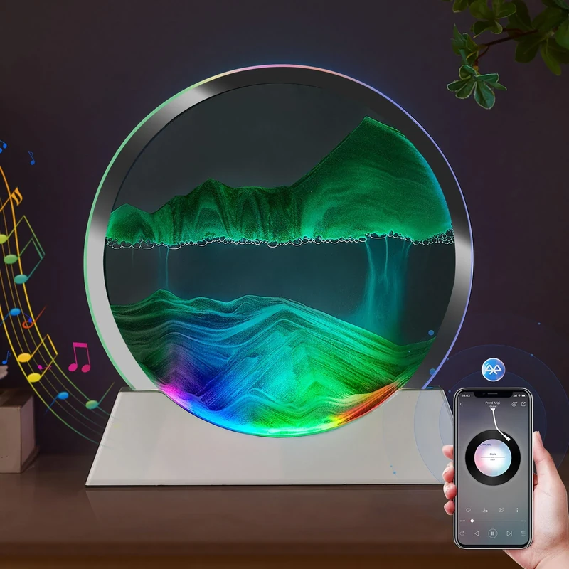 OLYWEI Moving Sand Art Bluetooth Speaker Bedside Lamp Dimmable Multi-Color Changing Bedside Lamp, Sand Art Lamp for Home Decor/Relaxation/Party/Music/Gift-Green