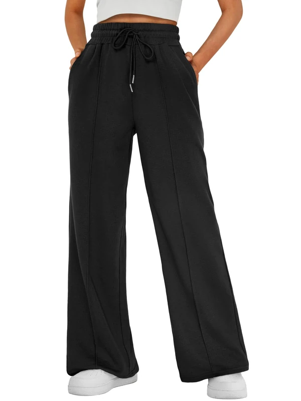 AUTOMET Womens Wide Leg Sweatpants High Waisted Baggy Pants Drawstring Athletic Joggers, Black, S