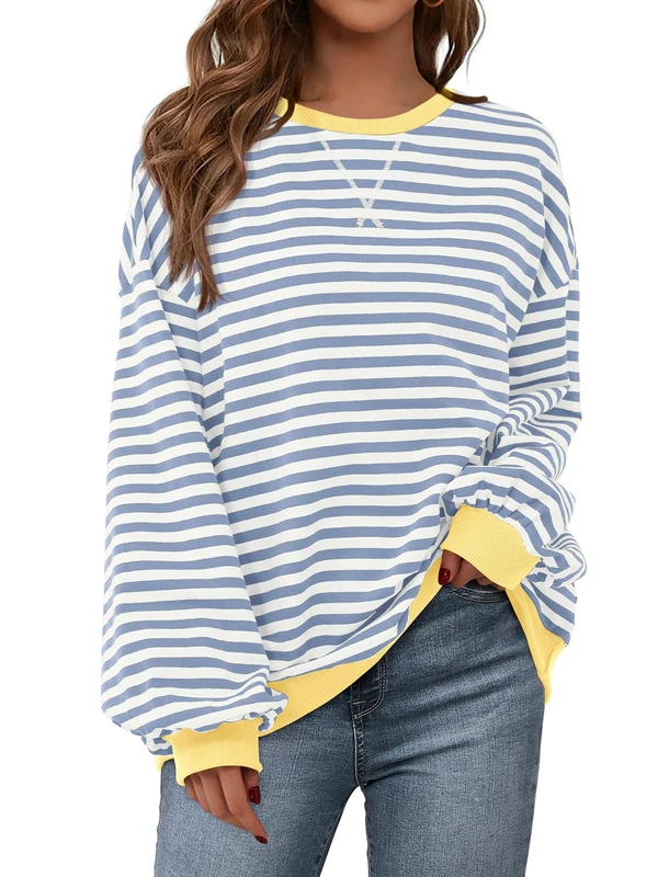 PRETTYGARDEN Womens Striped Oversized Sweatshirt Color Block Crew Neck Long Sleeve Casual Loose Pullover Top Y2K Clothes, Blue Beige, XL
