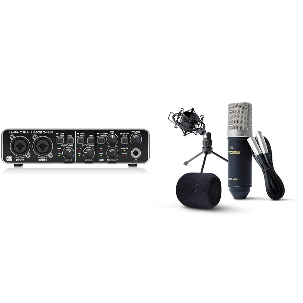 Behringer UMC204HD Audiophile 2x4, 24-Bit/192 kHz USB Audio/MIDI Interface with Midas Mic & Marantz Professional MPM-1000 - Studio Recording Condenser XLR Microphone