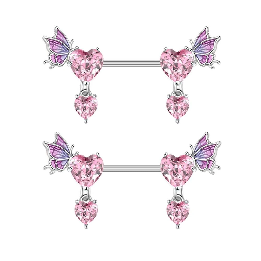 2Pcs Pink Heart Nipple Rings for Women 14G 16mm Surgical Stainless Steel Rhinestone Love Heart Cubic Zirconia Butterfly Wing Dangling Nipple Shield Studs Birthday Body Piercing Jewelry Gifts