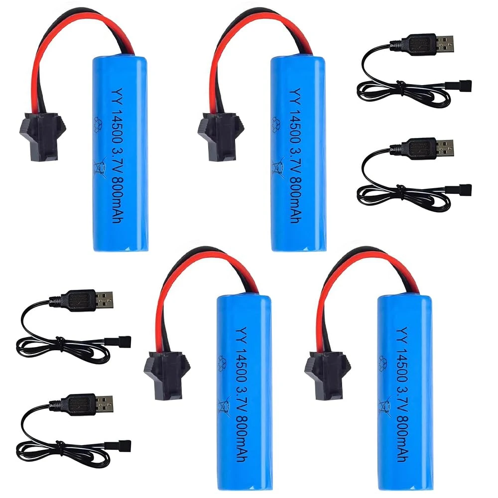 Hojalis 3.7V 800mAh Li-ion Battery, 4 Pcs RC Rechargeable Batteries with Usb Charger SM-2P Plug Connector, Universal Lithium Battery for RC Car Off Road Truck Jumper Vehicle Drift Monster Toys