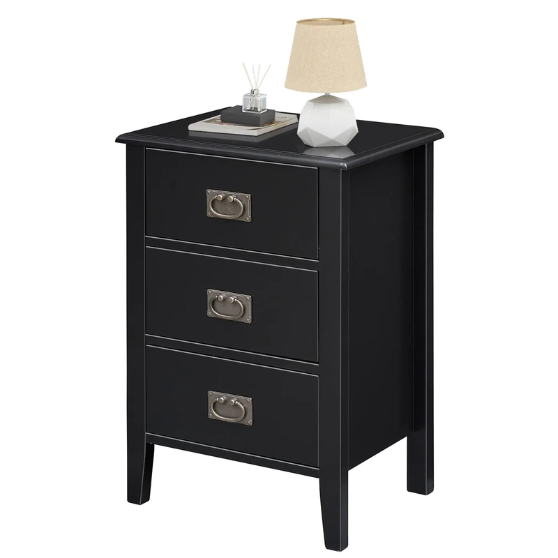 VECELO Bedside Table Modern Nightstands End/Side Cabinet Wooden with 3 Drawers, Metal Knobs and Sturdy Structure for Bedroom/Living Room, Black, 40×30×60cm