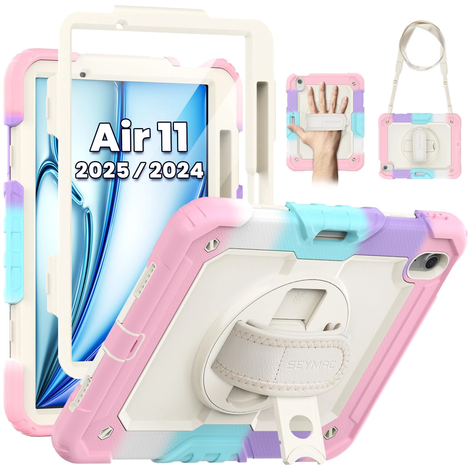 SEYMAC Case for iPad Air 11-inch 7th/6th 2025/2024 M3/M2,Shockproof Heavy Duty Cover with Screen Protector, Pencil Holder,360 Degree Rotating Stand/Hand Strap,Shoulder Strap, Pink