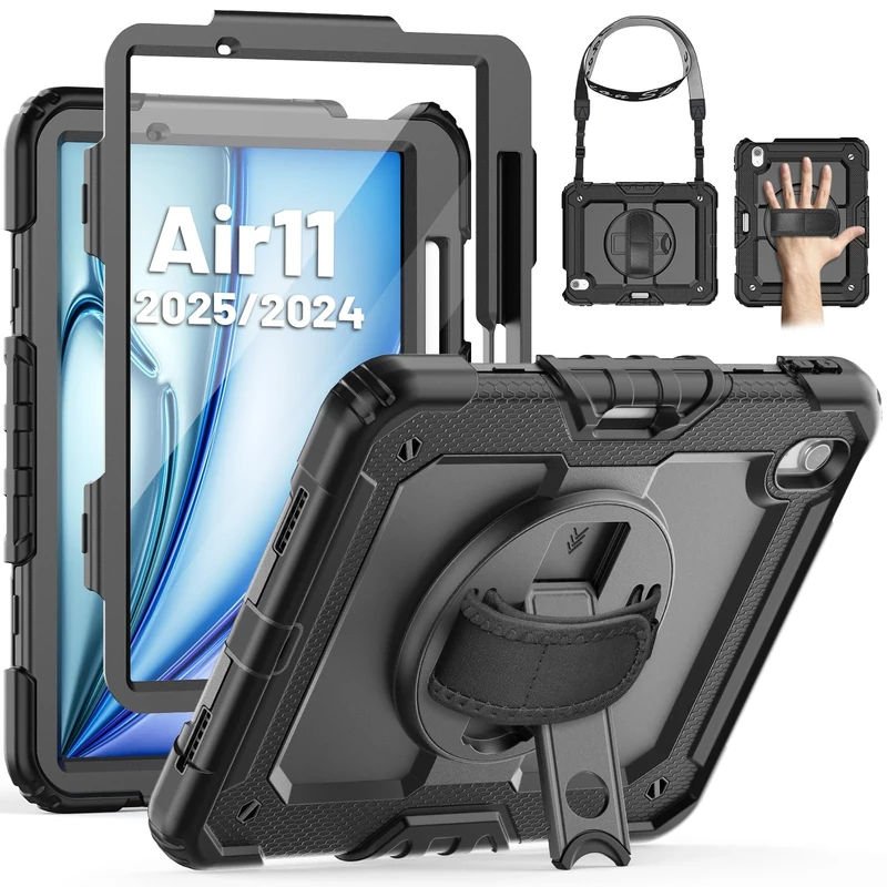 SEYMAC Case for iPad Air 11-inch 7th/6th 2025/2024 M3/M2,Shockproof Heavy Duty Cover with Screen Protector, Pencil Holder,360 Degree Rotating Stand/Hand Strap,Shoulder Strap, Black
