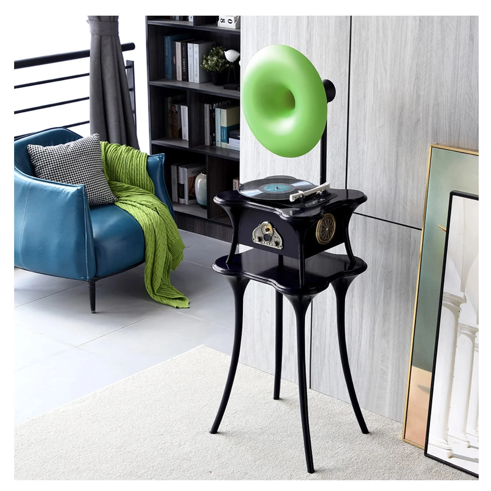 Wooden Gramophone Vinyl Record Player Gramophone Ornaments Modern Light Luxury Retro Old-Fashioned American Bluetooth Audio Record Player Vinyl Player