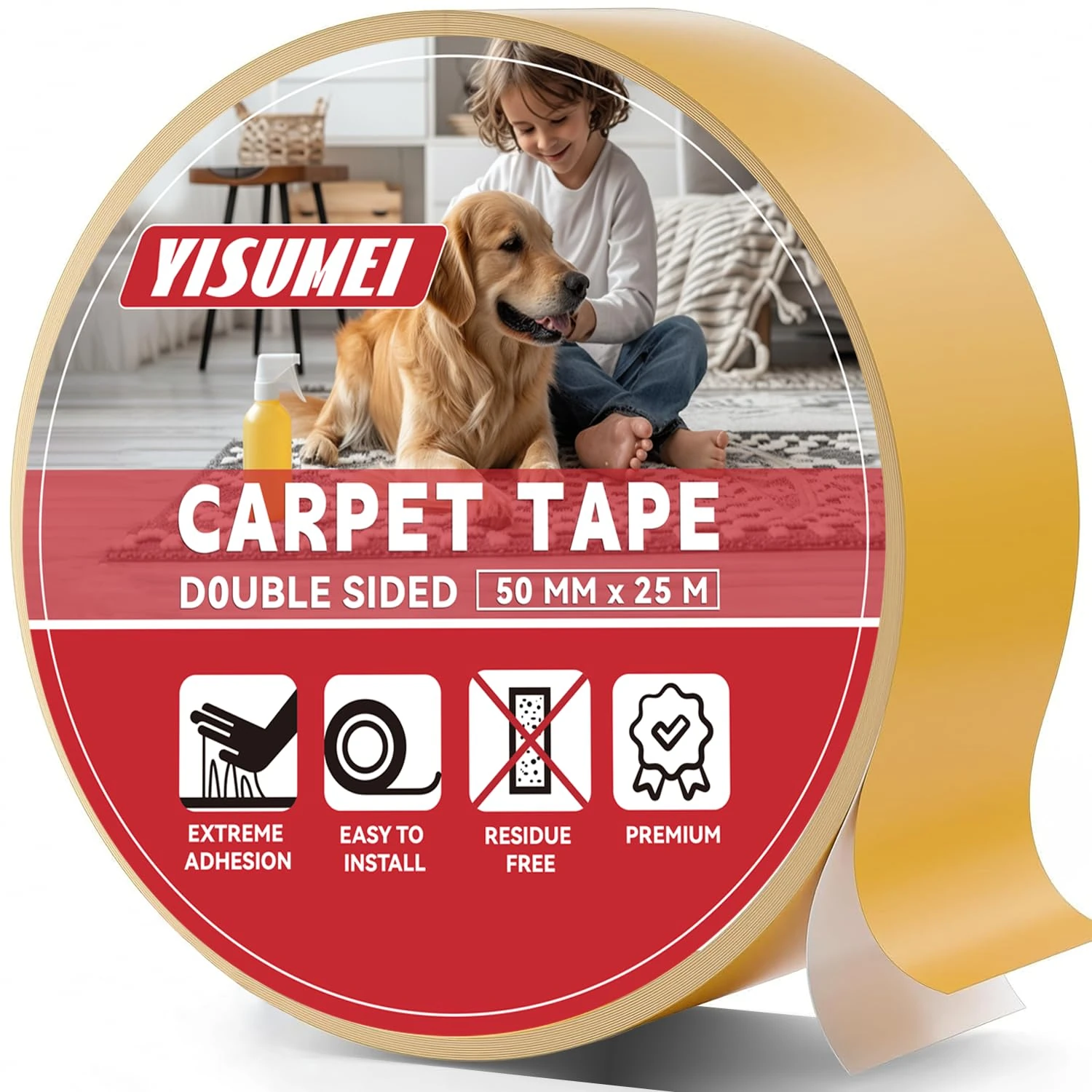 YISUMEI Heavy Duty Double Sided Carpet Tape -50mm x 25m - Extra Strong Rug Gripper for Carpets, Laminate & Hard Floors, No Residue Anti-Slip Adhesive