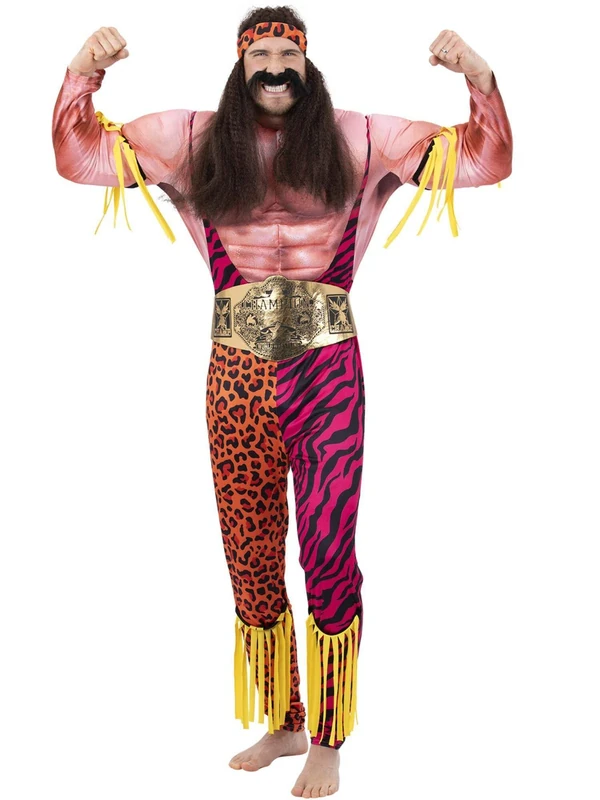 Smiffys Deluxe Male Wrestler Costume All in One with Muscle Chest & Headband, 1990's Fancy Dress, 1990s Dress Up Costumes