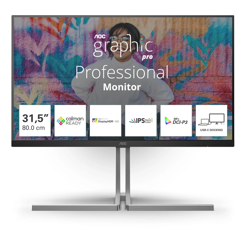 AOC U32U3CV - 32 Zoll UHD Monitor, Calman Ready, 8-bit, Nano IPS Panel, DisplayHDR400 (3840x2160, 60 Hz, 4K, 2X HDMI 2.0, 1x DisplayPort 1.4, USB-C (96W PD), USB Hub, RJ45) schwarz