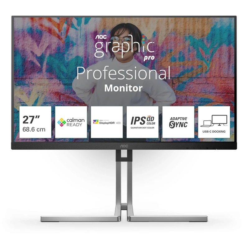 AOC Graphic Pro Q27U3CV - 27 Inch QHD, IPS Quantum Dot, 75Hz, HDR400, (Delta E<2), calman ready, USB-C Docking, Height Adjust(2560 x 1440, 420 cd/m2, HDMI 1.4/ DP 1.4/ USB C 3.2 96W PD)